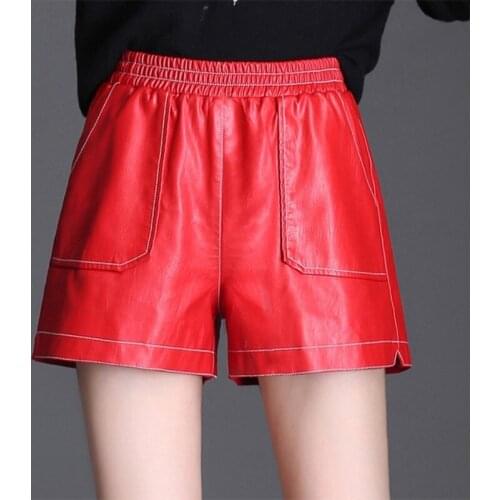 Black Red Leather Shorts Pockets Fashion Harajuku Women New Spring PU Leather Short Loose Fit Elastic Waist Sexy Ladies Shorts