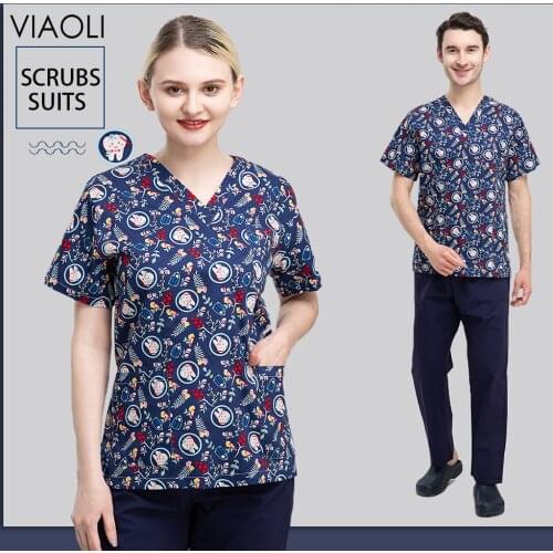 Unisex Print Doctor Grooming Institutions Medical Uniform High Quality Beauty Salon V-Neck Work Clothes Experimenter Scrubs Tops