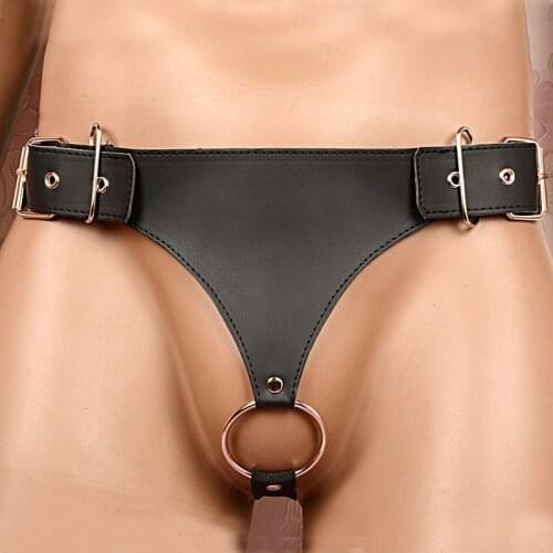 Adult Games Sexy Fetish Wear for Men PU Leather Briefs Boxers Crotchless Chastity Belt with Metal Cock Ring Sex Products