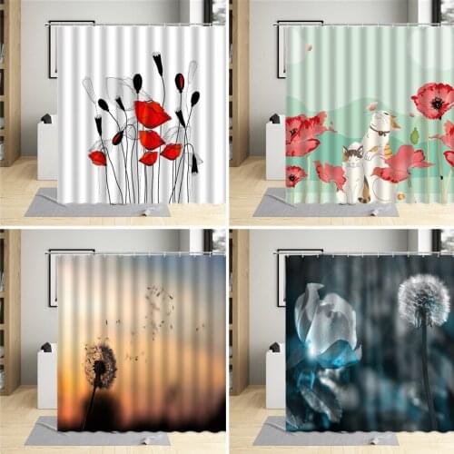 Plant Flower Shower Curtain Dandelion Red Poppy Cat Butterfly Animal Bathroom Decoration Bathtub Hanging Curtains Set Wall Cloth