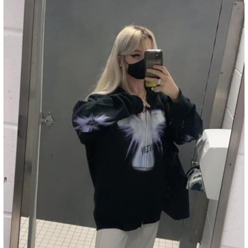 Vintage Angel Print Oversized Hoodies Female Zip Up Long Sleeve Women Sweatshirt Y2K outer banks Harajuku Winter Grunge clothing