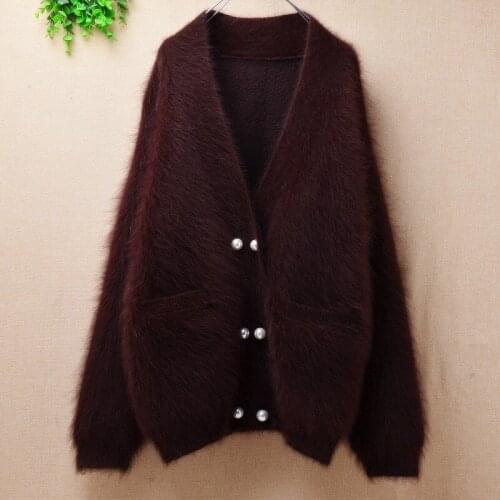 Top mujer female deep v-neck mink cashmere loose hairy cardigan angora rabbit fur knitted autumn winter jacket coat sweater pull