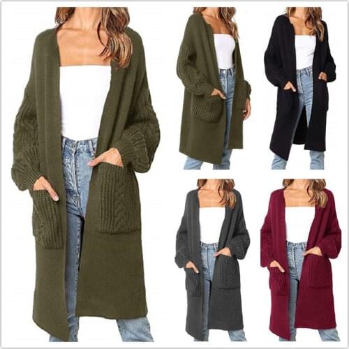 2020 Autumn Winter New European American Solid Color V-Neck Twist Lantern Sleeve Knitted Cardigan Sweater Women