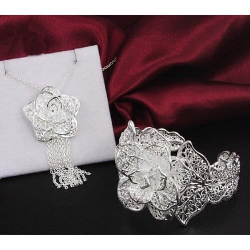 Hot 925 sterling Silver woman wedding Jewelry sets big flower Pendant necklace bracelet bangle fashion brands party Holiday gift