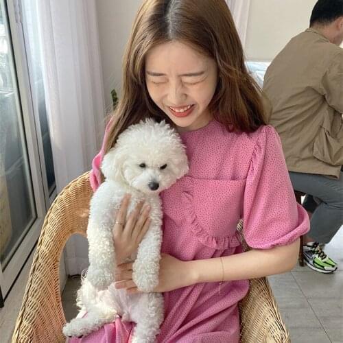 Women Summer 2020 Sweet Red Dot Long Chiffon Dress Slim Waist Puff Sleeve Round Collar Zipper Sundress