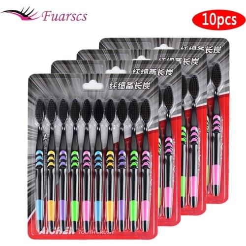 10pcs Toothbrush Soft Bristle Adult Bamboo Charcoal Household Fine Wool Toothbrush Antibacterial for Family Men and Women
