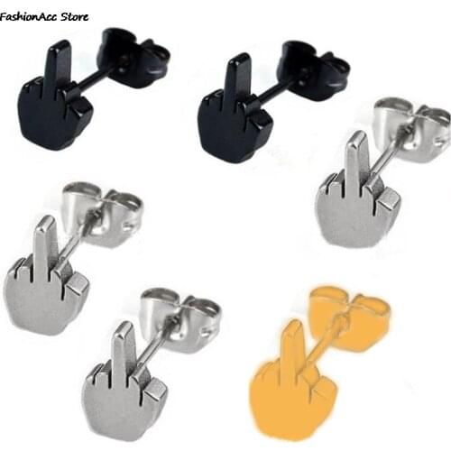 1 Pair Stainless Steel Black Middle Finger Up Women Men Ear Jewelry Studs Earring Punk Cool Gold Sliver Plated