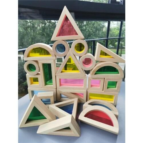 24pcs Kids Solid Rubber Wood Acrylic Buliding Blocks Sensory Rainbow Blocks Stacking Creative Educational Toy