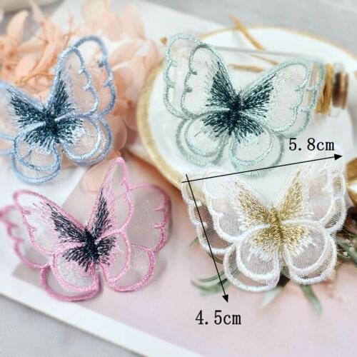 6pcs Colorful Top Grade Organza Gold Thread Embroidered Butterfly Appliques Double Layer Small Butterfly Patches X914