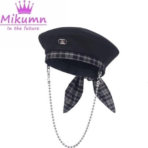 Harajuku Bow Plaid Removable Chain Black Berets Hats Women Girls Streetwear