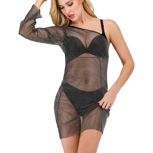 Bling Rhinestone Elasticity Grid Dress Womens Luxury Nightclub Sandy Beach Party Sexy Halter Sleeveless Breathable Short Skirt