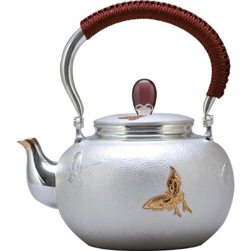 Teapot, kettle, hot water teapot, iron teapot, stainless steel kettle, tea bowl, 1200ml capacity, handmade S999 sterling silver