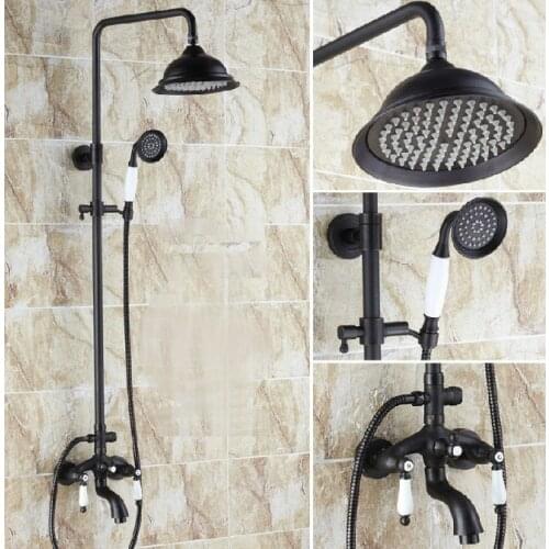 Wall Mounted Black Oil Rubbed Bronze Rain Bathroom Shower Faucet Set Bathtub Mixer Tap + Hand Shower Dual Ceramic Handle Chg048