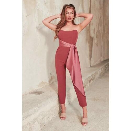 Elegant Boat-Neck Jumpsuit Strapless Backless Solid Color Belt Office Lady Bodysuit Fashion Women