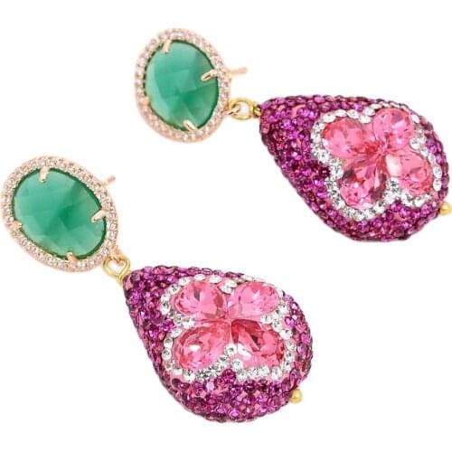 GG Jewelry Green Jade Gold Plated Red CZ Paved Crystal Flower Stud Earrings
