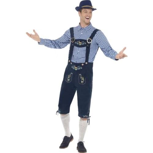 Men Carnival Oktoberfest Costume Germany Bavarian Plaid Shirt Lederhosen Outfit Cosplay Halloween Fancy Party Dress