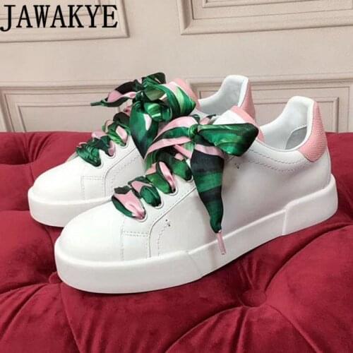 Luxury Brand Sneakers Shoes Woman White Leather Flat Shoes Silk ribbon Thick Bottom Lace-Up Casual Runway Single Shoes mujer