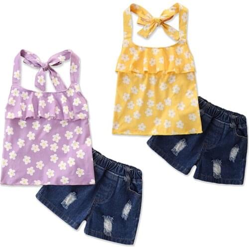 2021 Summer Two Piece Set Sleeveless Flower Print Cute Jean Shorts Two-Piece Outfit Casual Summwe Children Outfit