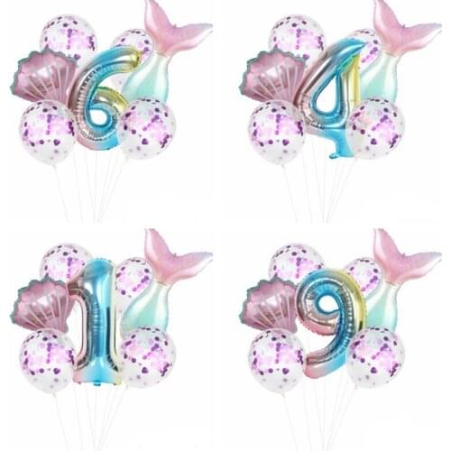 Cute Cartoon Mermaid Theme Number Foil Balloon Sequin Latex Balloon Set Birthday Party Supplies Baby Shower Decor Helium Globos