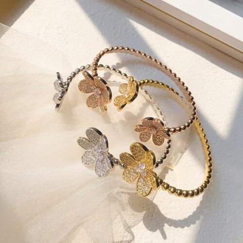 Cute Style 3 Gold Color Bead Design CZ Crystals Clovers Flower Bangle Free Cuff Fashion Jewelry For Women Gift