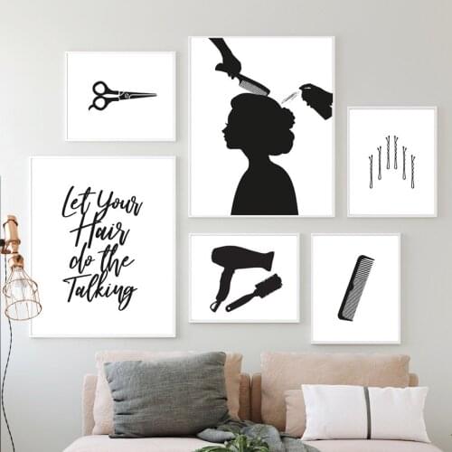 Wall Art Canvas Painting Haircut Scissors Comb Hair Dryer Black White Nordic Posters And Prints Wall Pictures For Living Room