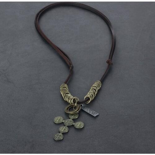 Exorcism Cross Saint Benedict Pendant Necklaces for Men Adjustable Leather Rope Chain Religious Christian Jewelry Bronze Color