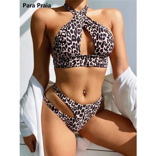 Para Praia 2021 Leopard High Waist Swimsuit Women Bathing Suit Push Up Hollow Out Swimwear Cross Neck Bikini Biquini Summer