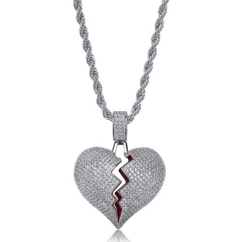 Lucky Sonny Bling CZ Paved Broken Heart Necklace Hiphop Heart Jewelry Silver Color Rapper Bling Pendants & Necklaces Dropship