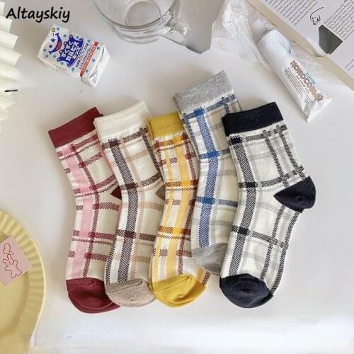 Cute Socks Women Middle Tube 4 Pairs College Plaid Japanese Vintage Kawaii All-match Students Korean Style Invisible Harajuku