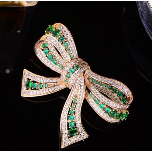 Korean Emerald Zircon Bow Brooch Corsage Coat Accessories Fashion Wedding Jewelry Elegant Bow-knot Brooches Pins Women Broche