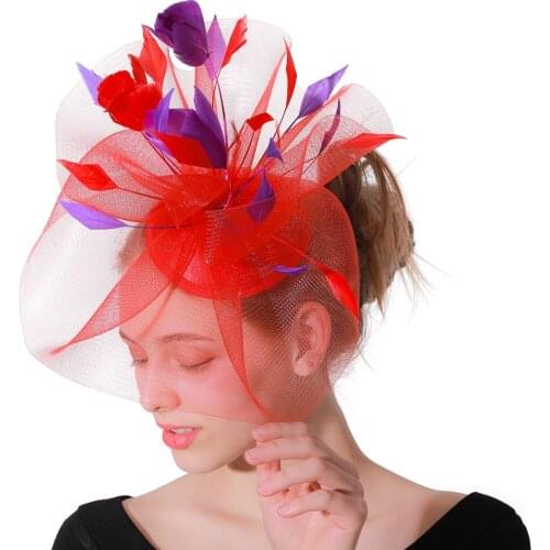 Feather Hairpins Cocktail Hat Fascinators Base Red And Purple Wedding Party Headbands French Mesh Veil Hair Hoop Ornaments Bride