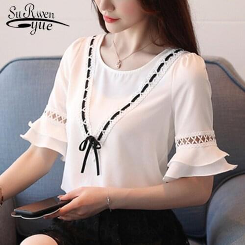 Womens Tunic 2021 Summer New Short Sleeve Solid Color Elegant Bow Chiffon Blouse Women Office Lady V-neck White Blouse 8851 50