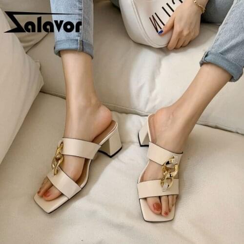 ZALAVOR Women High Heel Sandal Real Leather Square Toe Summer Women Shoes Metal Decoration For Dress Footwear Size 34-39