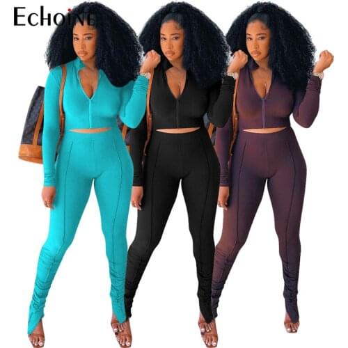 Echoine Women Solid Sports Two piece set Autumn Streetwear Zipper Crop Top and Pleated Slit Pencil Trousers Tracksuit Outfits