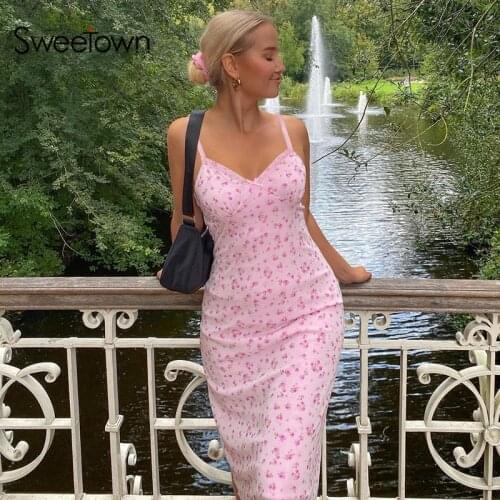Sweetown Pink Floral Print Sexy Long Boho Dress Y2K Off Shoulder V Neck Lace Trim Women Bodycon Party Club Beach Dresses Summer