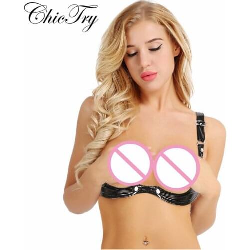 New Arrival 2019 Fashion Adjustable Spaghetti Straps Bra Lingerie Wetlook Faux Leather Open Cup Women Party Costumes Bra Top