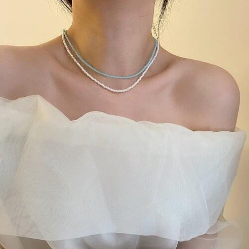 AOMU 2021 Korea Fashion Handmade Colorful Beaded Necklace Soft Pottery Flower Imitation Pearl Choker Necklace for Women Jewelry