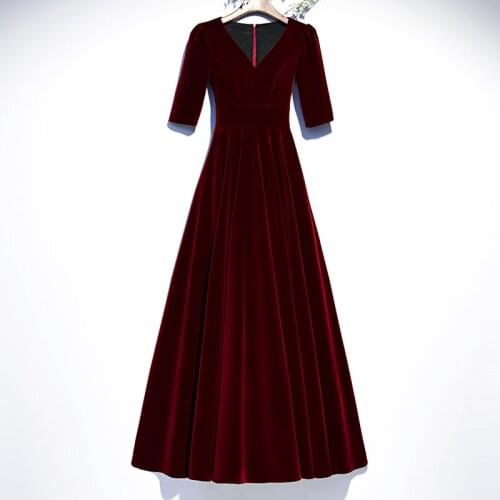 Evening Dress Sexy V-Neck A-Line Floor-Length Simple Burgundy Half Sleeves Vintage Elegant New Party Formal Dresses Woman B097