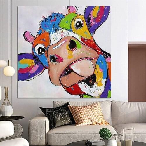 100% Hand Painted Handmade Cute Color Cow Animals Abstract Oil Painting Gift Canvas Wall Pictures Children Room Decoration Large