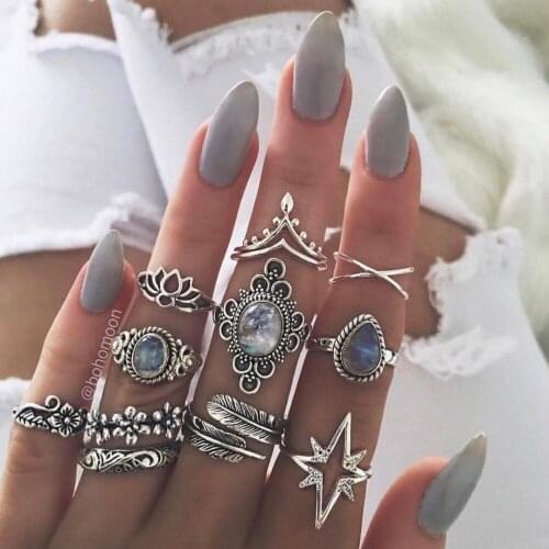 11pcs of pack creative vintage knuckle rings for women with flower/stars/leaf and faux acrylic gem design female knokkels rings