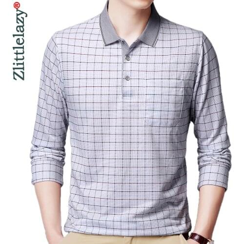 2021 Pocket Long Sleeve Polo Tee Shirt Men Casual Plaid Mens Clothing Polos Shirts Mens Fashion Slim Fit Poloshirt Tops 43431