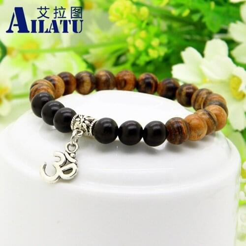 Ailatu 8mm Natural Colorful Wood Hang Antique Silver Color Feather, Om and Cross Classic Charm Pendant Bracelet