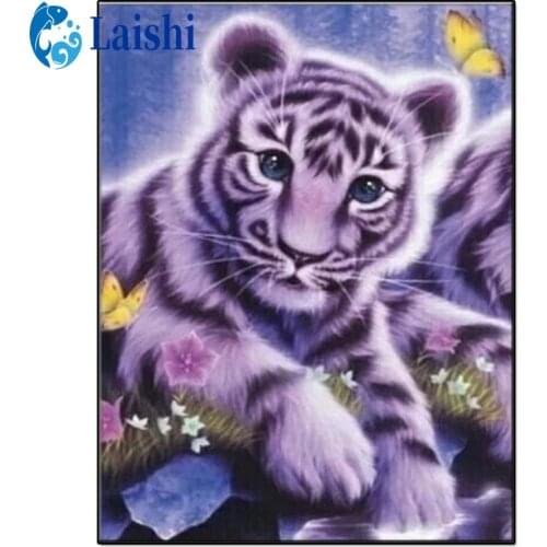 5D DIY Cute little white tiger and butterfly Diamond Painting Full Square/Round Drill Diamond Embroidery Rhinestone Home Decor