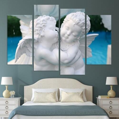 White Sculpture Modular HD Printed 4 Panel Lovely Angel Wings Posters Home Decor Canvas Painting Wall Picture for Living Room