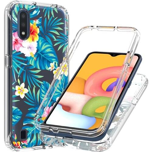 2 in 1 Clear Painted Flower Case for Samsung Galaxy A01 SM-A015F Hard Crystal PC + Soft TPU 360 Full Protective Phone Back Cover