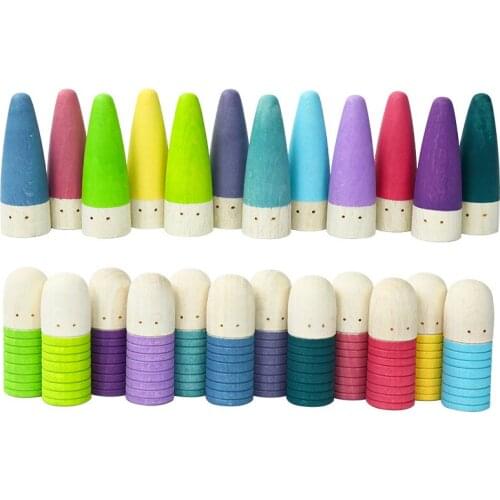 Montessori Wooden Peg Finger Dolls Rainbow Wooden Finger Dolls Kids Creative Rainbow Wood Blocks Loose Parts Educational Toys