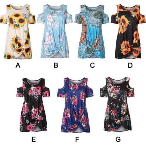 Droppshiping Women Cold Shoulder Short Sleeve Floral Print Twist Tunic Tops T-Shirts for Summer d88
