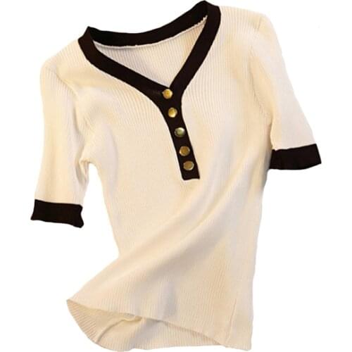 Summer Women T-shirts Short-sleeved Knitted V-neck Button-Decorated Slim Tops New Solid Color Slim One Size Ladies T-shirt