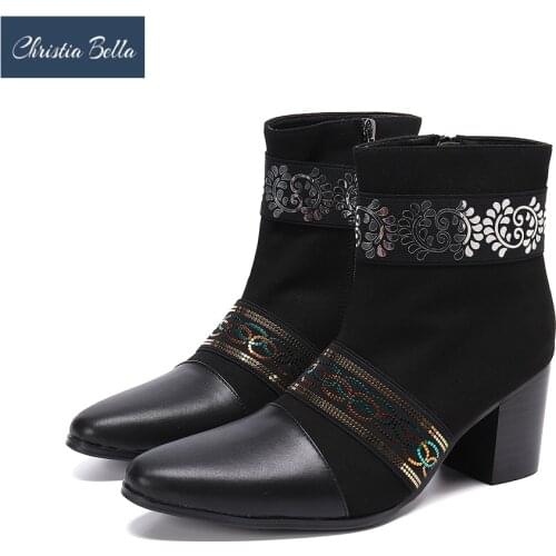 Christia Bella Fashion Sequins High Heel Men Ankle Boots Pointed Toe Suede Leather Party Short Boots Wedding Male Dress Shoes