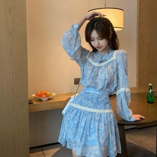 Autumn New French Floral Printed Chiffon Two-piece Set Sweet Temperament Long-sleeved Short Skirts Women Fashion Streetwear 2021